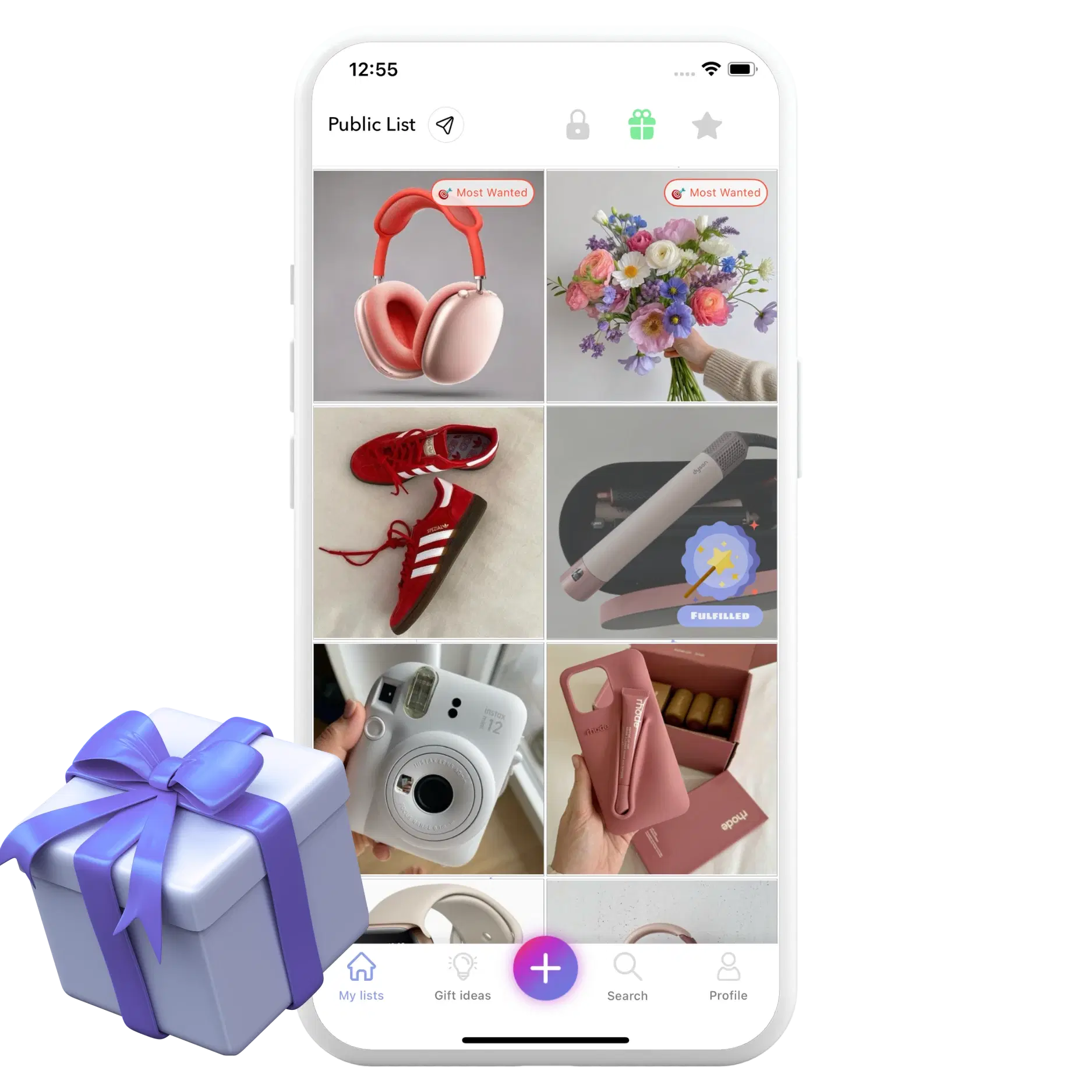 WishDeck mobile app screenshot showing public wishlist