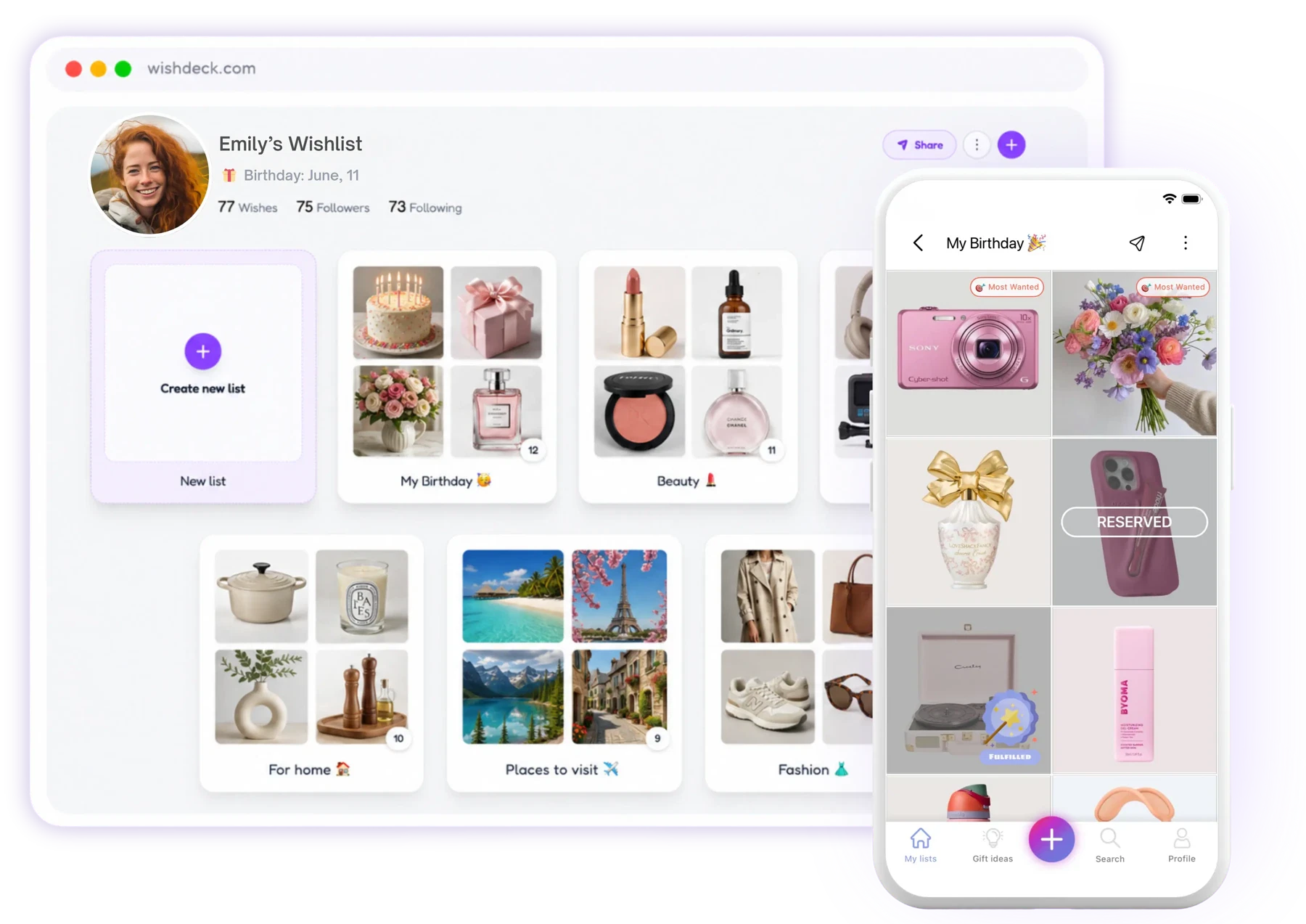 WishDeck web and mobile app showing a shared wishlist