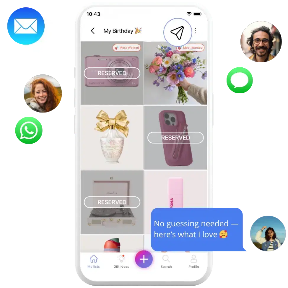 WishDeck mobile app screenshot showing sharing a wishlist with friends via messaging apps